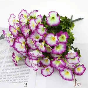 Artificial morning glory flower bouquet, purple and white home decor wedding DIY floral design.
