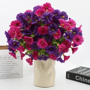 Artificial morning glory bouquet in ceramic vase for home decor and wedding floral design.