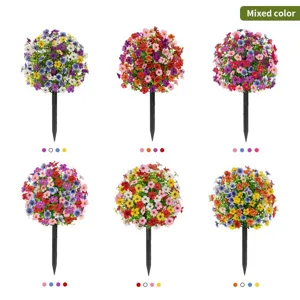 Artificial flower stakes for garden decoration with colorful mixed flower balls.