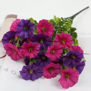 Artificial morning glory bouquet, vibrant purple and pink fake flowers for home decor.