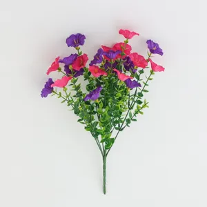Artificial morning glory bouquet, vibrant pink and purple faux flowers for home and wedding decor.