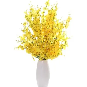 Artificial yellow dancing orchid silk flower bouquet with white vase for home decor