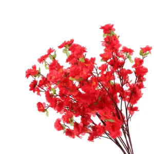 Artificial red peach blossom branch silk fake flower for home wedding decor 65cm