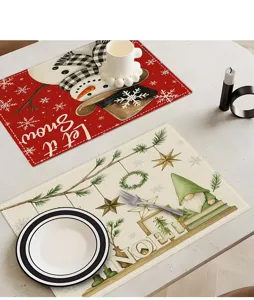 Christmas placemat set holiday table decoration linen insulated mat festive snowman gnome