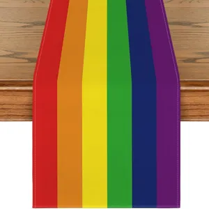 Rainbow Striped Table Runner Polyester Faux Linen Digital Print Table Decoration For Home Kitchen Party Wedding Celebration Colorful Table Decor
