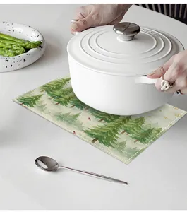 Pine tree printed linen placemat for dining table, heat resistant table mat decoration.