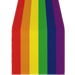 Colorful rainbow linen table runner with digital print, perfect for kitchen dining and party decor.