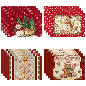 Christmas Place Mats Linen Cotton Printed Gingerbread Man Snowman Reusable Heat Resistant Table Mats For Dining Room Kitchen Home Decor