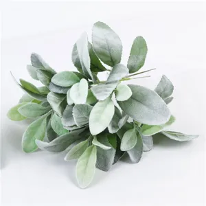 Detail view of artificial lamb ear leaves, frosted green branch for table vase floral decor.