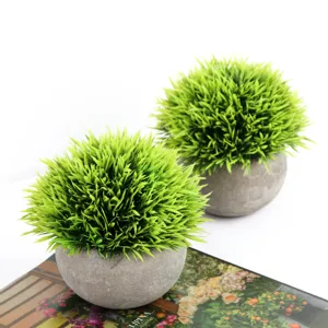 Artificial potted plants set green grass balls in grey pots for home desktop decor.