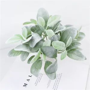 Artificial potted lamb's ear plant with flocked green leaves fake plant for home decor