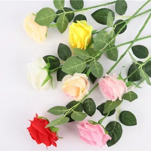 Artificial single long stem rose flowers, colorful faux silk roses for home wedding decor.