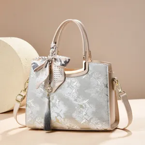 New Chinese style embroidered large capacity shoulder bag with elegant scarf and tassel.
