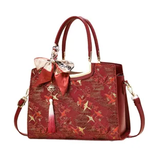 Elegant new Chinese style embroidered shoulder bag with vintage crane pattern, scarf and tassel.