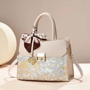Elegant beige women handbag large capacity tote shoulder bag with silk scarf and embroidery
