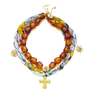 Collar de cuentas de doble capa de moda con pañuelo de seda y colgante de cruz