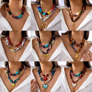 Collar de Cuentas de Acero Inoxidable Con Bufanda de Tela Estampada Doble Capa Corazón Estrella de Mar Cruz Colgante Joyas Retro para Mujer