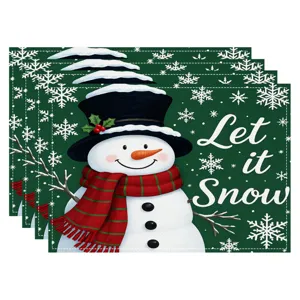 Christmas linen placemat with cute snowman and snowflake design for holiday party decor.