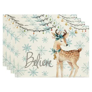 Christmas linen placemat set, festive watercolor deer and snowflake table decor for holiday parties.