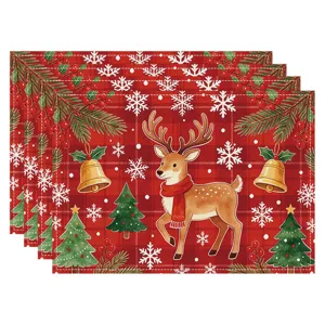 Christmas Linen Placemat Set Red Plaid Reindeer Table Mat Holiday Party Decor Variant