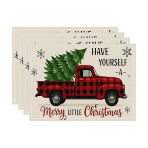 Christmas red buffalo plaid truck linen placemat set holiday dining table decor mats