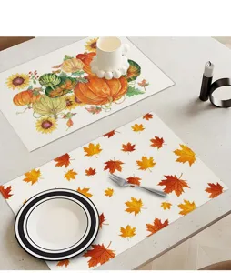 Autumn Thanksgiving placemats set, cute pumpkin maple leaf print table mats for dining decor.