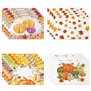 Thanksgiving Autumn Linen Place Mat Watercolor Pumpkin Maple Leaf Sunflower Nordic Style Festival Table Decor Dining Mat