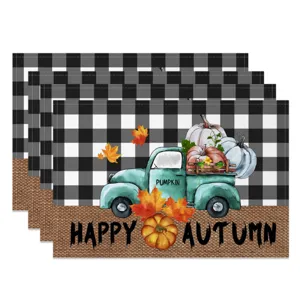 Fall Thanksgiving placemats set black white buffalo plaid autumn truck pumpkin table decor mats