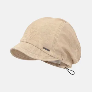 Retro short brim slouchy hat for women, casual corduroy autumn warm cap with adjustable drawstring.