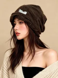 Gorro de punto slouchy coreano para mujer, otoño invierno cálido a prueba de viento orejeras plisadas.