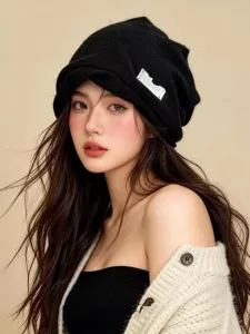 Gorro slouchy de punto estilo coreano para mujer, otoño invierno cálido cortavientos plisado negro