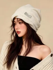Gorro slouchy de punto estilo coreano para mujer, sombrero de invierno cálido con detalle.
