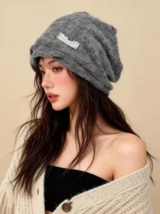 Gorro slouchy gris de punto estilo coreano para mujer, cálido de invierno a prueba de viento.