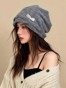Gorro slouchy de punto estilo coreano para mujer, acogedor invierno cálido antiviento con pliegues.