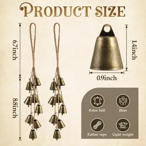Retro metal Christmas bell wind chime with hemp rope, vintage wall hanging decor and crafts.
