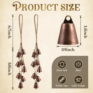 Retro metal rope hanging bells wind chime with vintage design size specification display image.