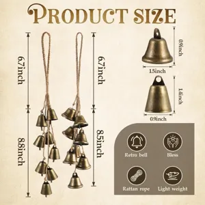 Vintage metal bell wind chime with natural rattan rope, perfect for home wall and door hanging decor.