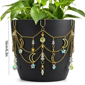 Gold metal plant pot hanging chain suncatcher with moon, star and crystal pendants for decor