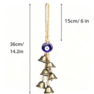 Vintage hemp rope metal bell wind chime with blue evil eye bead for door and wall decor.