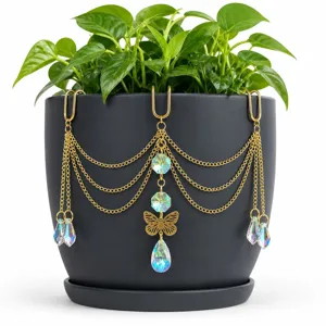 Crystal plant pot hanging ornament gold chain butterfly suncatcher for indoor potted plants decor