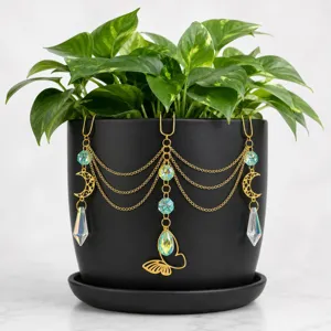 Gold crystal plant suncatcher detail, moon and butterfly metal hanging decor for indoor pots