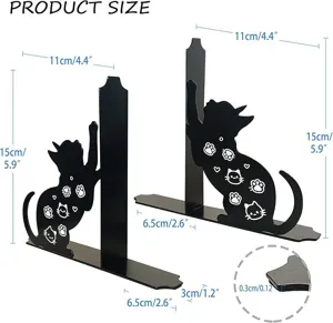 Cute black metal cat bookends for desktop decoration, durable book support with anti-slip pad.