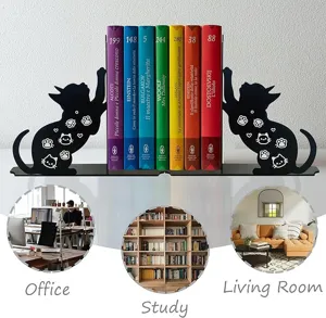Creative cute cat metal bookends for desktop organization, study room decor, and office shelf storage.