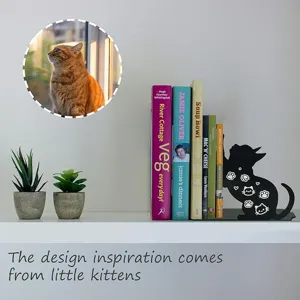 Creative cute cat metal bookend for desktop storage, stylish book stopper shelf decor detail.