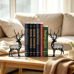 Metal deer bookends detail showing geometric pattern and book decor on wooden table setup.