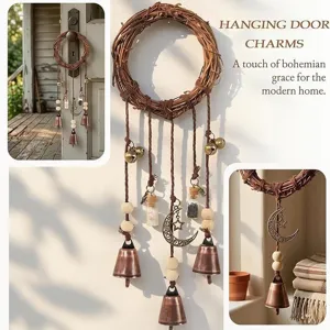 Campanas de Bruja para Protección de Puerta Carillón de Rotán Vintage Boho Hecho a Mano Campana de Hierro Botella de Deseos Colgante de Luna