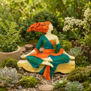 Vue détaillée de la figurine de déesse de jardin méditative, ornement en résine dans un décor verdoyant.