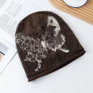 Retro butterfly knit beanie for women, cozy winter warm slouchy hat with fluffy pattern.
