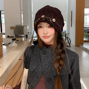 Ethische Batik Quaste Slouch Beanie Damen Herbst Retro vielseitige Mütze Kopfbedeckung