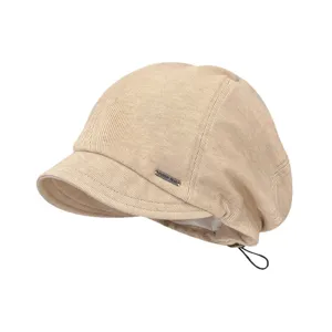 Vintage corduroy newsboy cap for women, retro short brim slouchy hat in solid beige color.